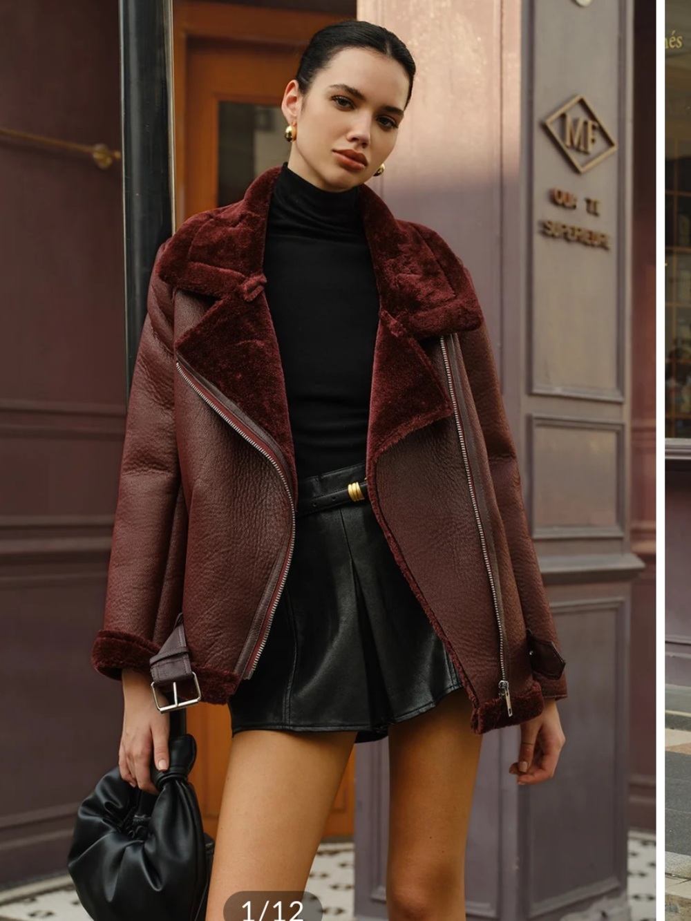 COMMENSE Burgundy Faux Shearling Fleece Lined Moto Jacket XL